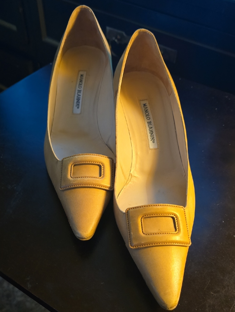 Manolo Blahnik Mustard Yellow Pointed Toe Buckle Pumps